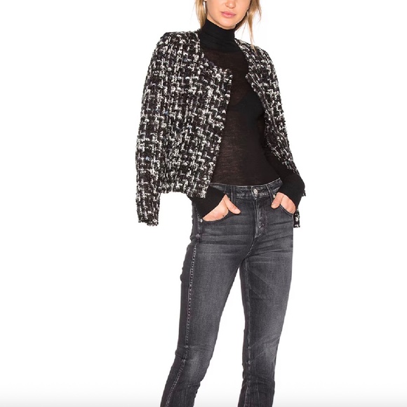 IRO Nalokie Tweed Boucle Wool Blazer Black White Blue Houndstooth Zip Front 12 - Picture 3 of 15